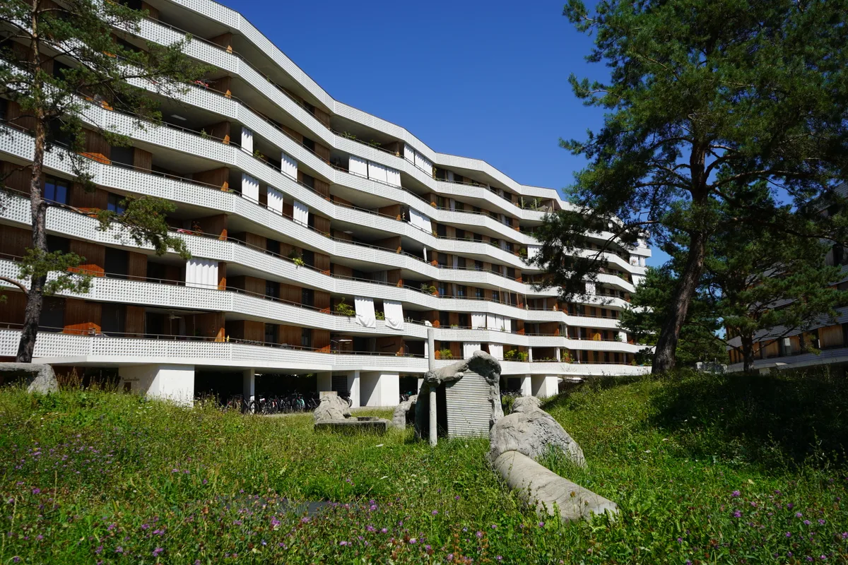 Stylisches längliches Wohnhaus und davor Wiese mit Bäumen. 